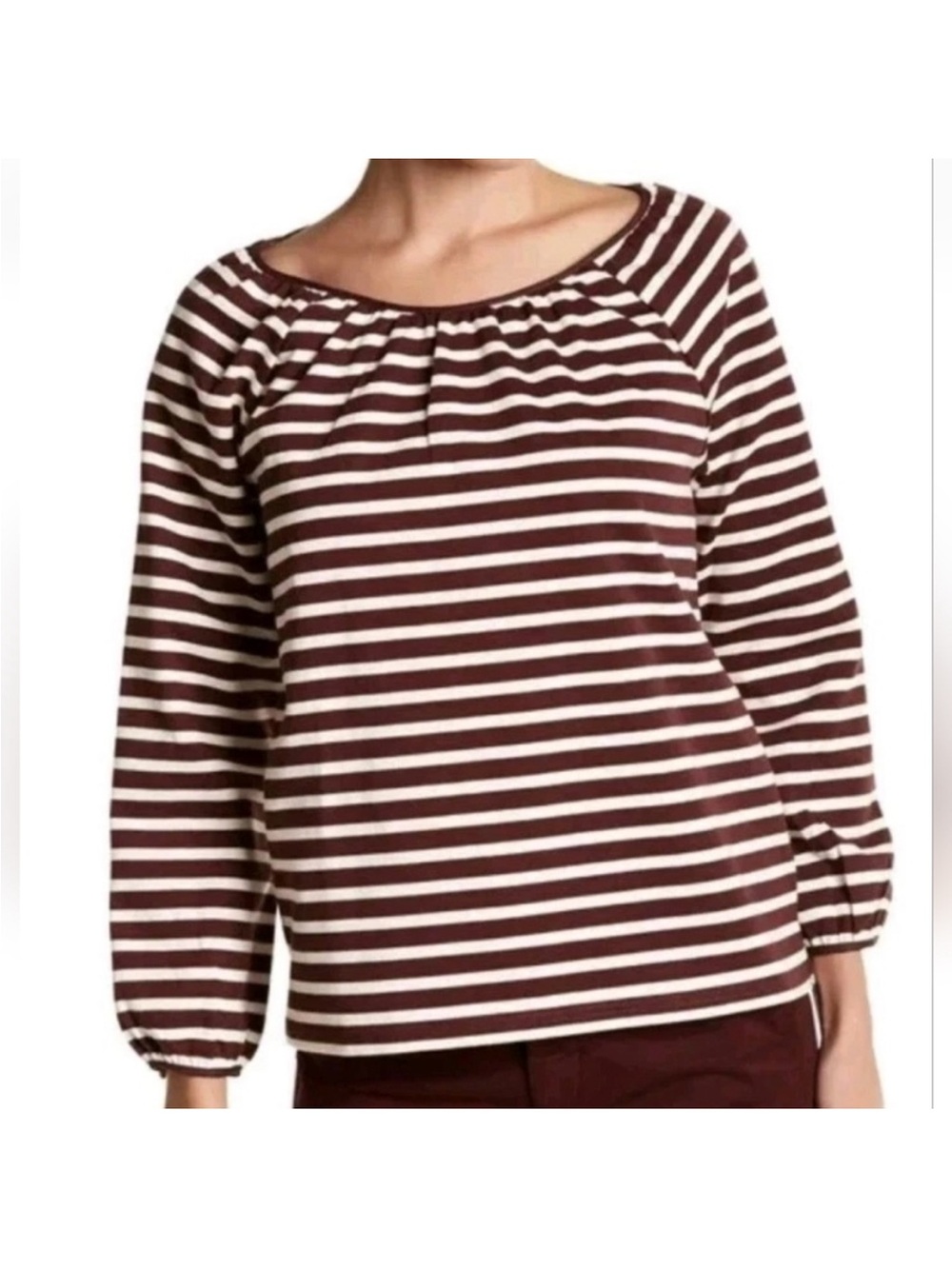 J. Crew Brown & White Striped Raglan Balloon Sleeve Top